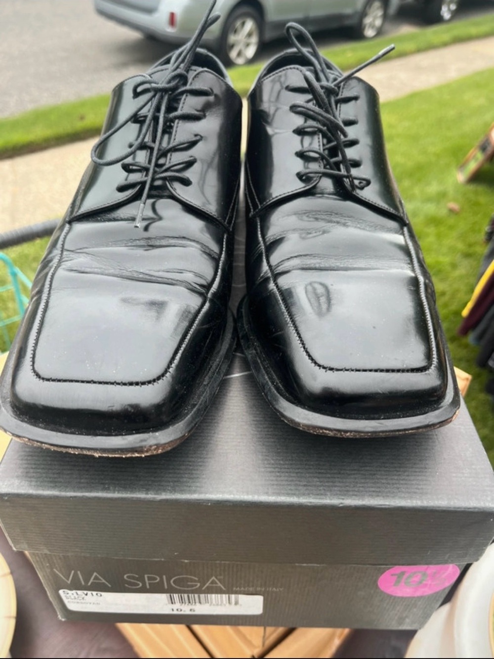 Via Spiga Black Patent Leather Square-Toe Lace-Up Oxfords